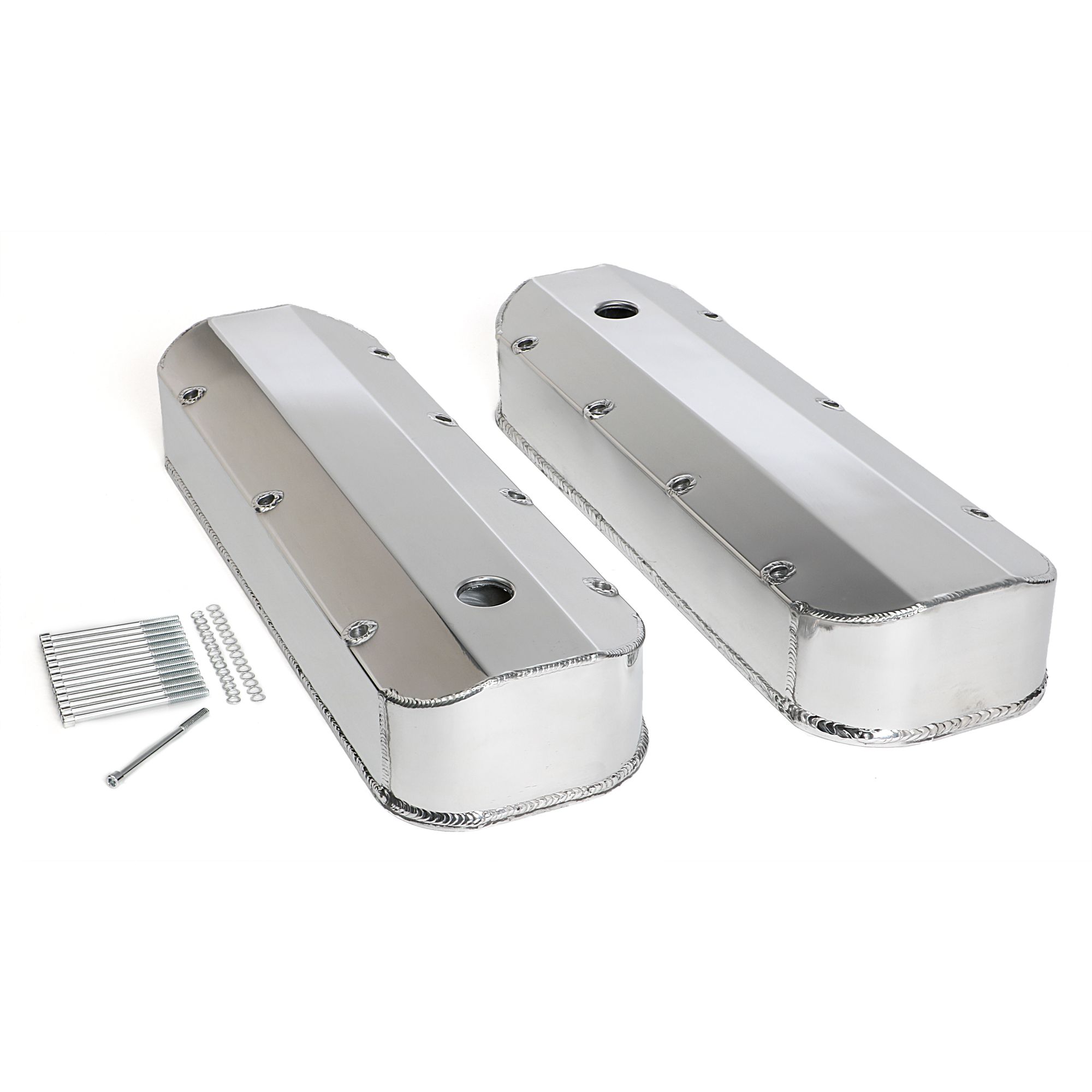 HAMBURGER'S PERFORMANCE PRODUCTS FABRICATED ALUMINUM VALVE COVERS POLISHED BBC WITH HOLE