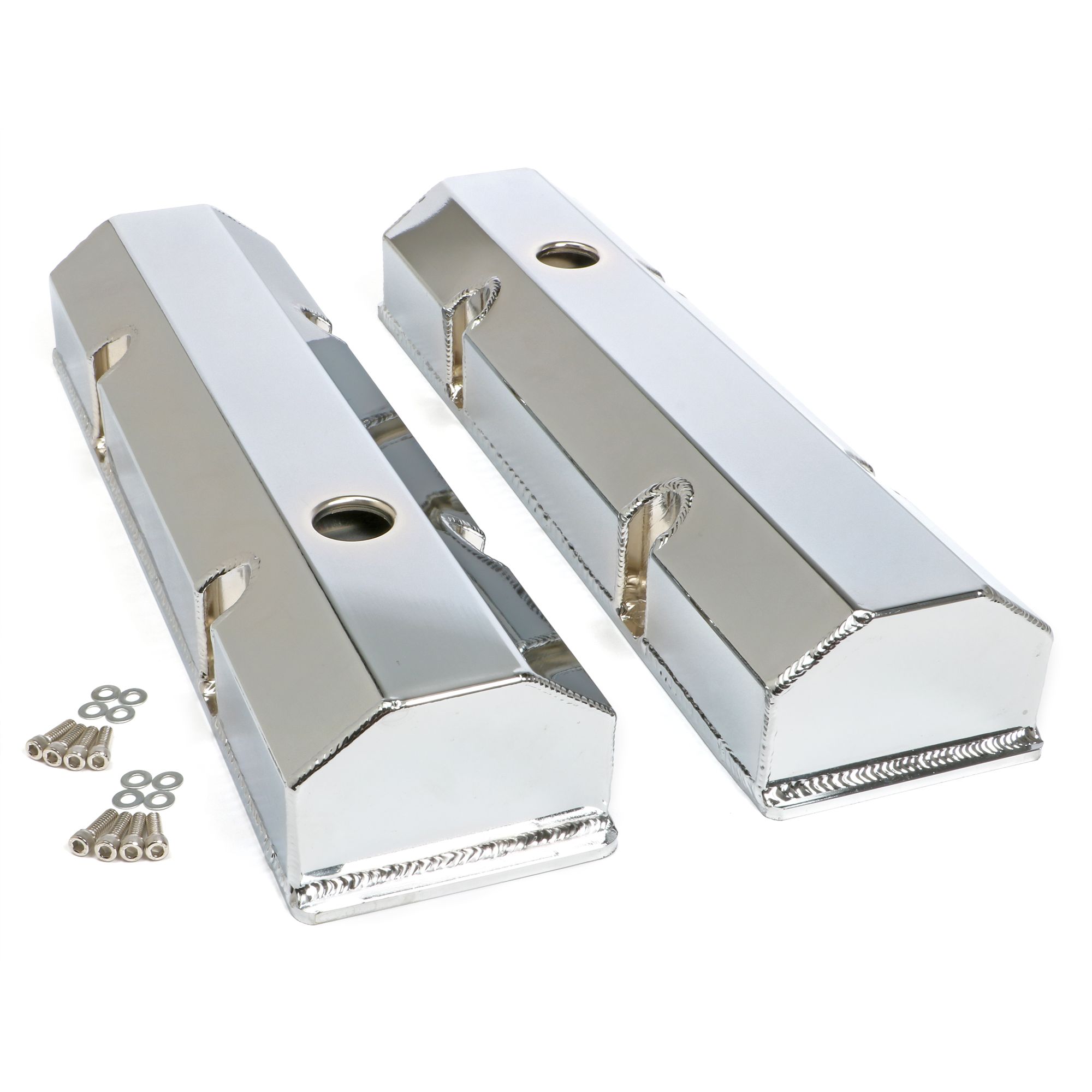 HAMBURGER'S PERFORMANCE PRODUCTS FABRICATED ALUMINUM VALVE COVERS CHROME SBC WITH HOLE