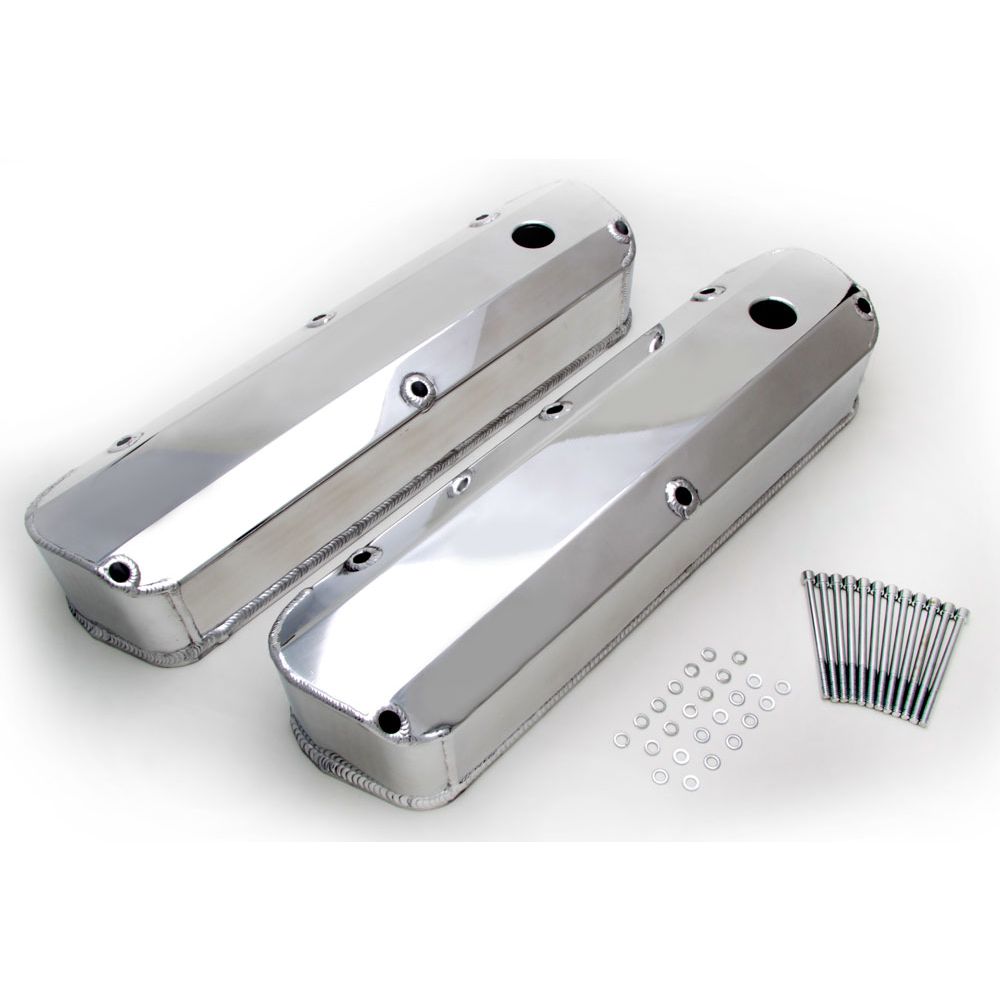 HAMBURGER'S PERFORMANCE PRODUCTS FABRICATED ALUMINUM VALVE COVERS POLISHED SB FORD WITH HOLE
