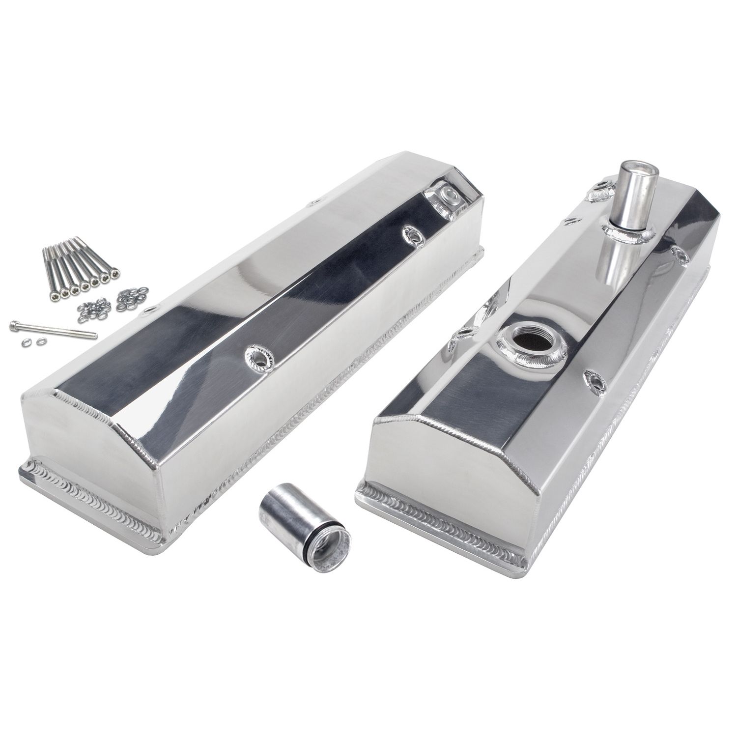 HAMBURGER'S PERFORMANCE PRODUCTS POLISHED ALUMINUM FABRICATED VALVE COVERS CHEVY SB (1958-86)- CIRCLE TRACK COVERS W/ REMOVABLE TUBES