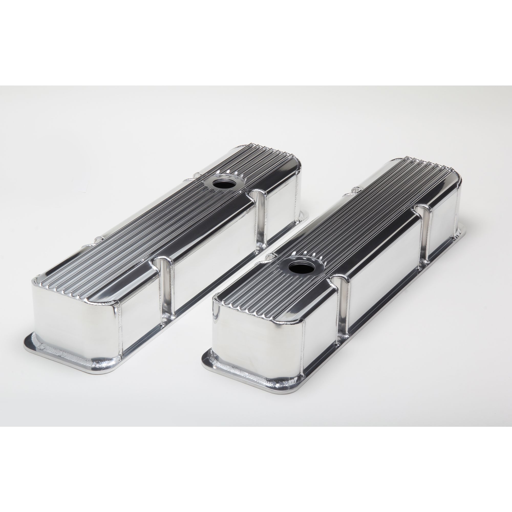 HAMBURGER'S PERFORMANCE PRODUCTS FABRICATED ALUMINUM VALVE COVERS WITHFINS; CHEVY SB 238-400; 1958-86; WITH HOLES- POLISHED ALUMINUM