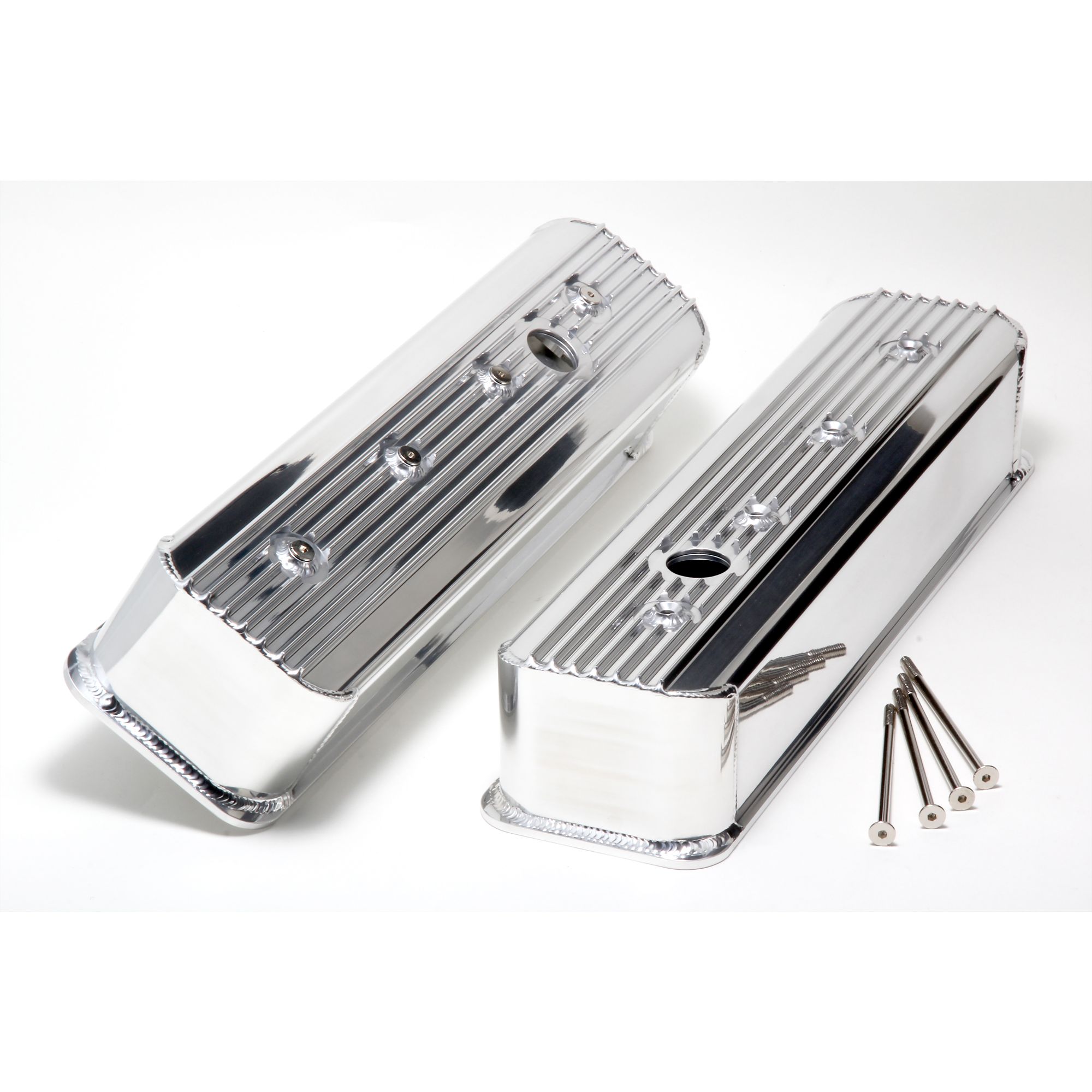 HAMBURGER'S PERFORMANCE PRODUCTS FABRICATED ALUMINUM VALVE COVERS WITHFINS; CHEVY SB 305-350; 1987-99 (CENTER BOLT DESIGN); WITH HOLES- POLISHED ALUMINUM