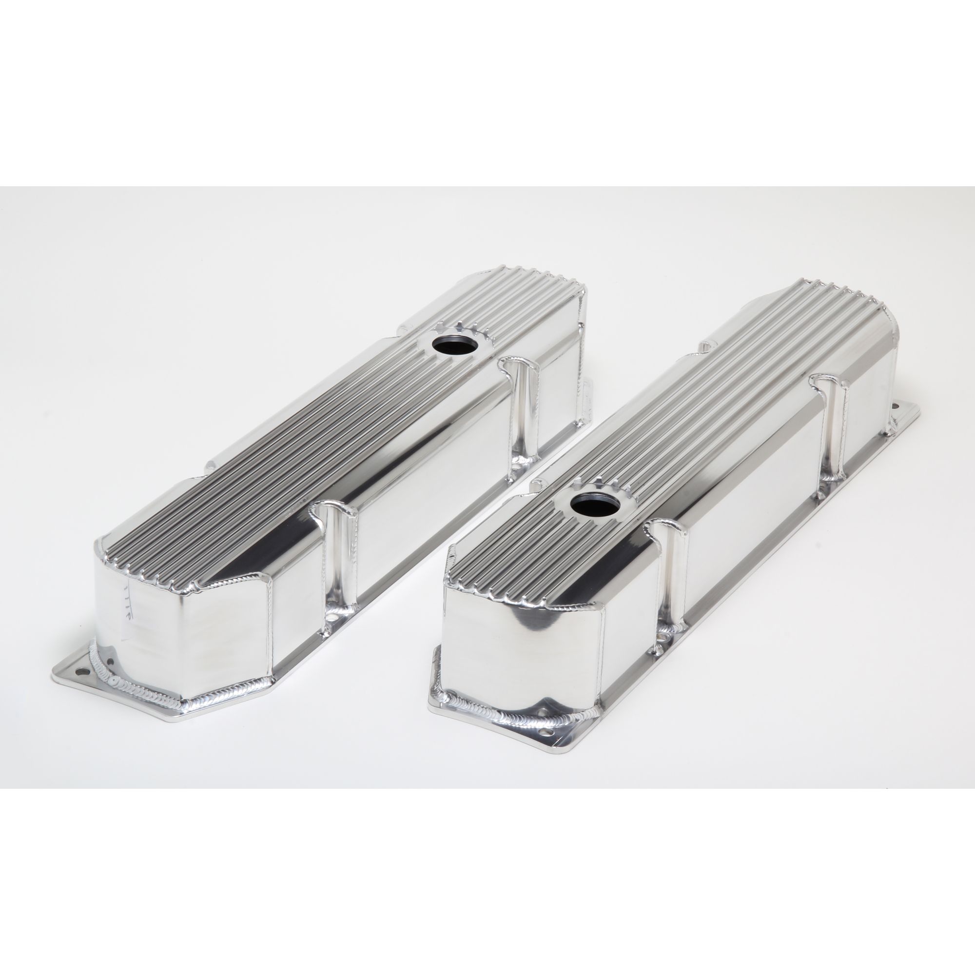HAMBURGER'S PERFORMANCE PRODUCTS FABRICATED ALUMINUM VALVE COVERS WITHFINS; MOPAR BB V8 383-426-440; 1958-88; WITH HOLES- POLISHED ALUMINUM