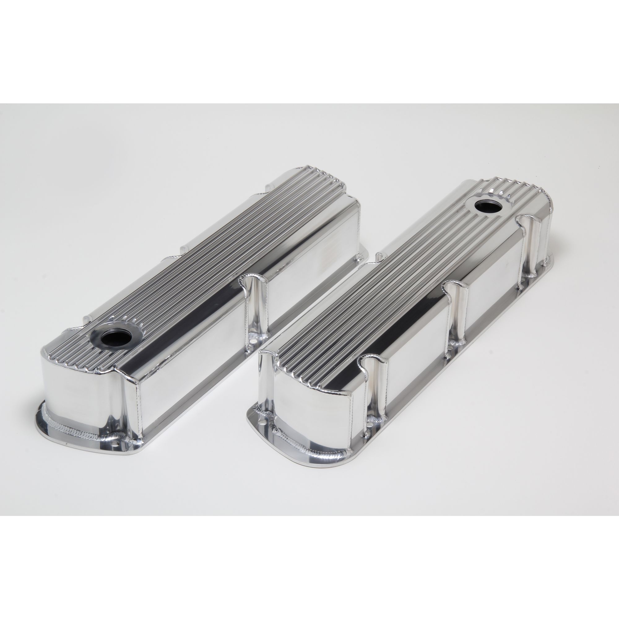 HAMBURGER'S PERFORMANCE PRODUCTS FABRICATED ALUMINUM VALVE COVERS WITH FINS; FORD SB V8 260-289-302-351W AND 5.0L; WITH HOLES- POLISHED ALUMINUM