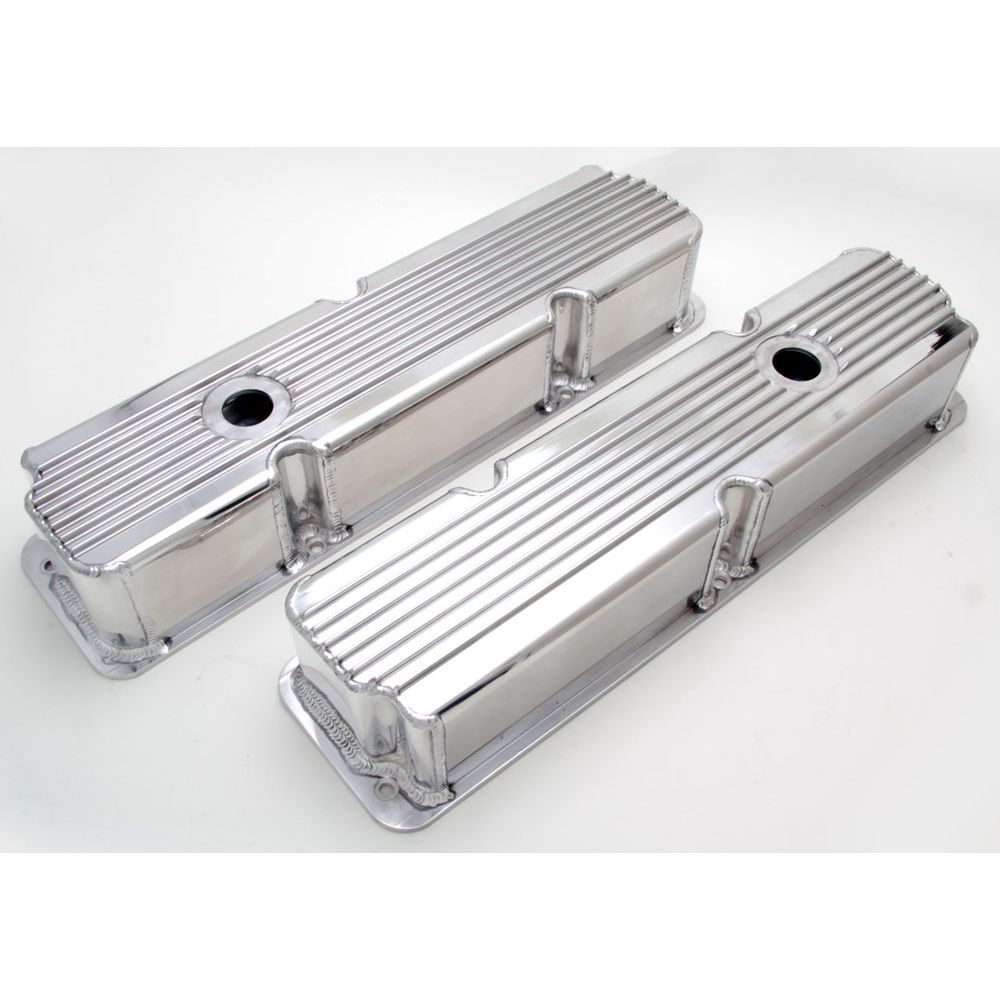 HAMBURGER'S PERFORMANCE PRODUCTS FABRICATED ALUMINUM VALVE COVERS WITH FINS; FORD BB V8 352-360-390-406-427-428; WITH HOLES- POLISHED ALUMINUM