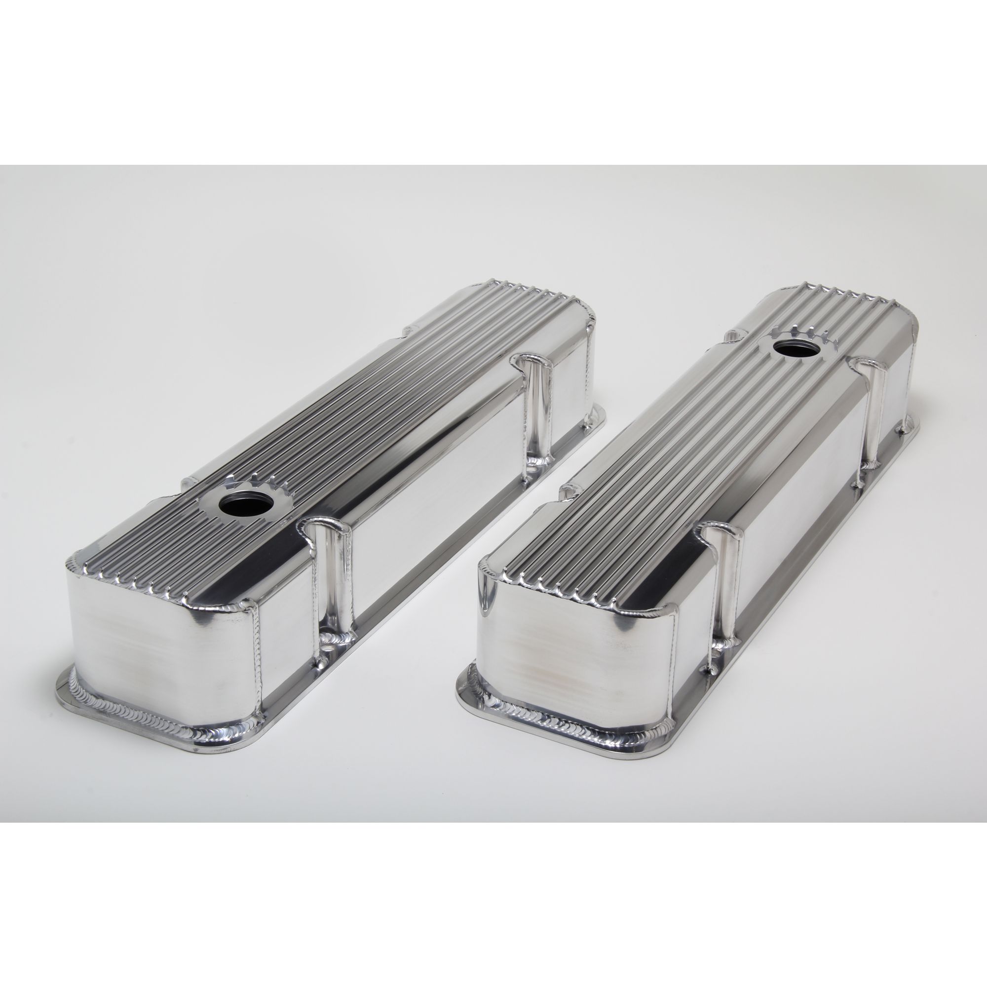 HAMBURGER'S PERFORMANCE PRODUCTS FABRICATED ALUMINUM VALVE COVERS WITH FINS; PONTIAC 326-455 V8; 1959-79; WITH HOLES- CHROME/ALUMINUM