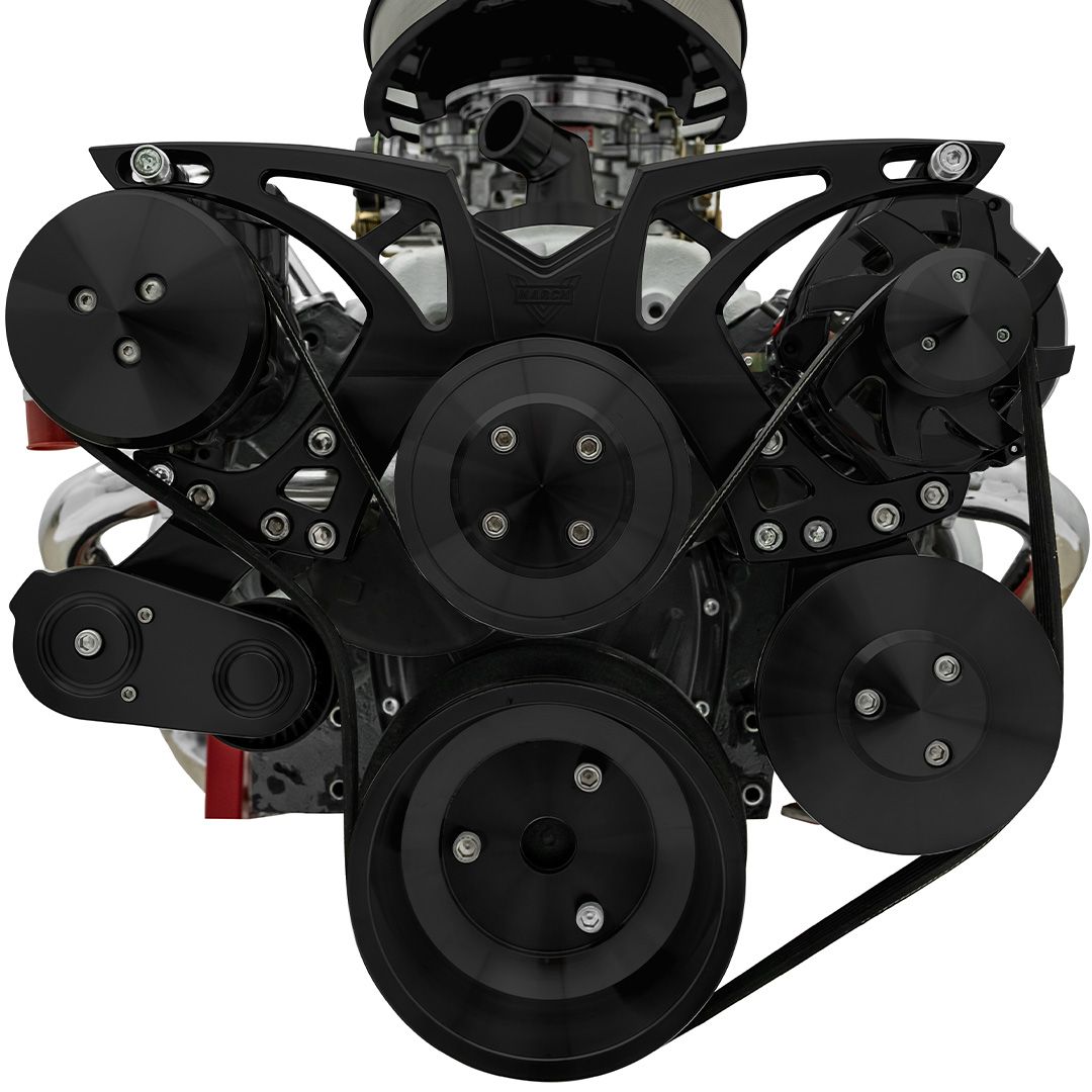 Small Block Chevy Black Style Track Serpentine Kit (AC/PS/ALT); BLACKOUT