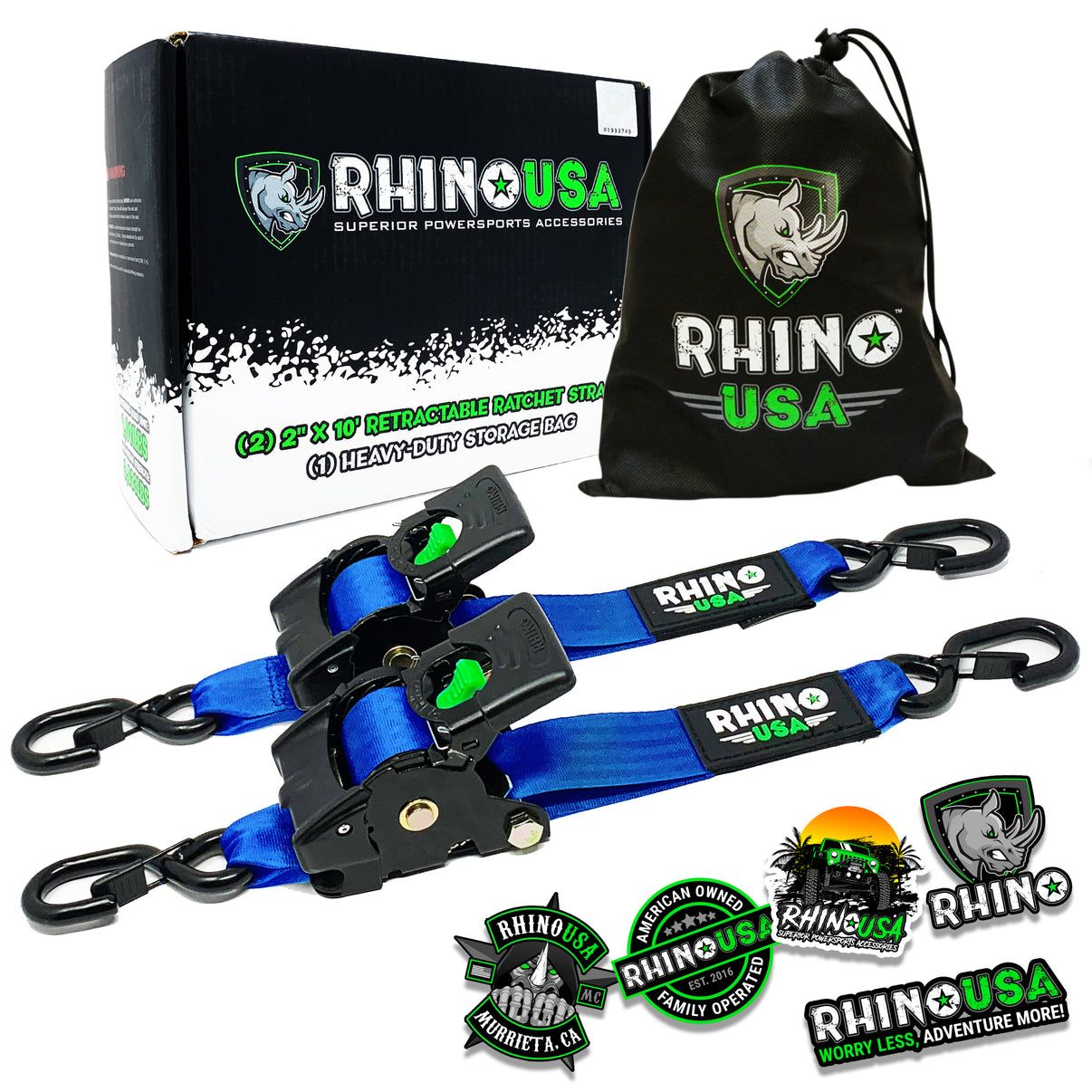 RHINO USA RETRACTABLE RATCHET STRAPS (2PK 2INX10FT) BLUE