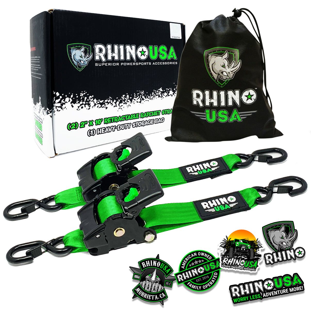 RHINO USA RETRACTABLE RATCHET STRAPS (2PK 2INX10FT) GREEN