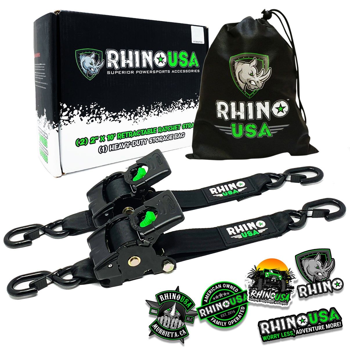 RHINO USA RETRACTABLE RATCHET STRAPS (2PK 2INX10FT) (BLACK)