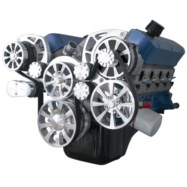 Ford 351 Cleveland Evolution Serpentine System w/ AC, PS & ALT. Clear Powder