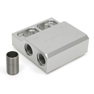 HAMBURGER'S PERFORMANCE PRODUCTS REMOTE OIL FILTER BASE; SINGLE FILTER; -12AN HORIZONTAL PORTS; USES MOBIL M1-403 FILTER (OR EQUIVALENT)- CNC MACHINED BILLET ALUMINUM