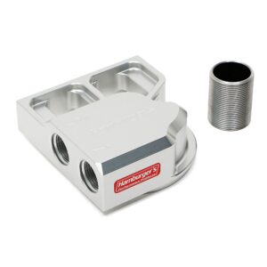 HAMBURGER'S PERFORMANCE PRODUCTS REMOTE OIL FILTER BASE; SINGLE FILTER; -12AN HORIZONTAL PORTS; USES A FRAM PH3786 FILTER (OR EQUIVALENT)- CNC MACHINED BILLET ALUMINUM