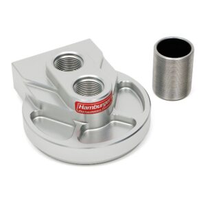 HAMBURGER'S PERFORMANCE PRODUCTS REMOTE OIL FILTER BASE; SINGLE FILTER; -12AN VERTICAL PORTS; USES A FRAM PH3786 FILTER (OR EQUIVALENT)- CNC MACHINED BILLET ALUMINUM
