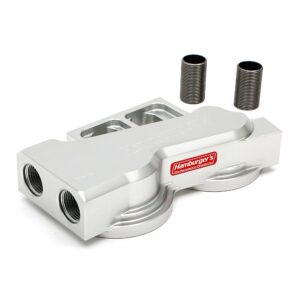 HAMBURGER'S PERFORMANCE PRODUCTS REMOTE OIL FILTER BASE; DUAL FILTER; -12AN HORIZONTAL PORTS; USES MOBIL M1-403 FILTER (OR EQUIVALENT)- CNC MACHINED BILLET ALUMINUM