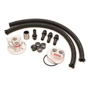 HAMBURGER'S PERFORMANCE PRODUCTS SINGLE OIL FILTER RELOCATION KIT; -12AN HORIZONTAL PORTS; INCLUDES REMOTE BASE, BYPASS ADAPTER, OIL LINES AND FITTINGS; FITS SELECT FORD E250, E350, F250 & F350 TRUCKS AND VANS WITH 7.3L DIESEL, AND OTHER ENGINES THAT USE A PH3786 OR EQUIVALENT ENGINE OIL FILTER- CNC MACHINED BILLET ALUMINUM