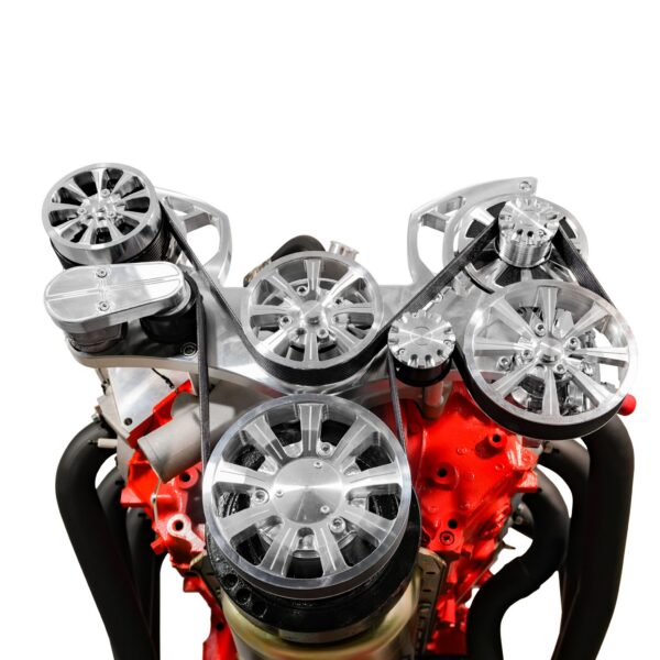 Small Block Chevy Evolution Serpentine System w/ AC, PS and ALT. Clear Powder.