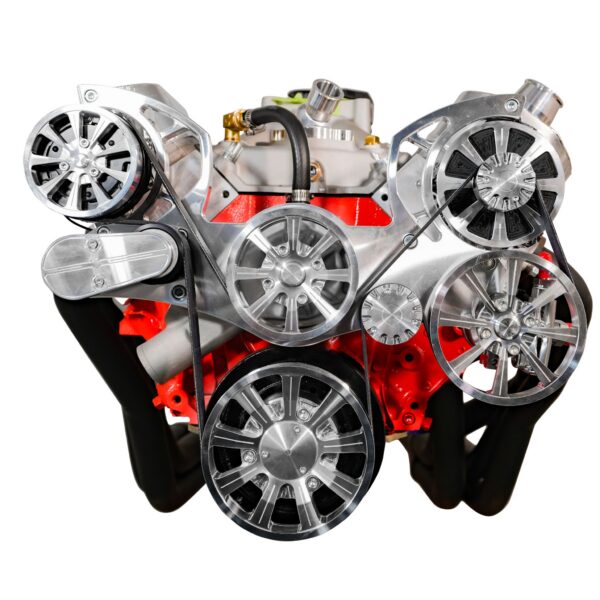 Small Block Chevy Evolution Serpentine System w/ AC, PS and ALT. Clear Powder.