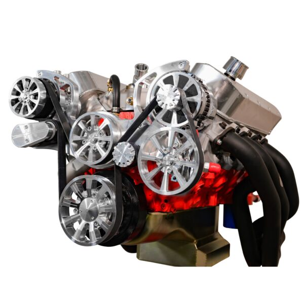 Small Block Chevy Evolution Serpentine System w/ AC, PS and ALT. Clear Powder.