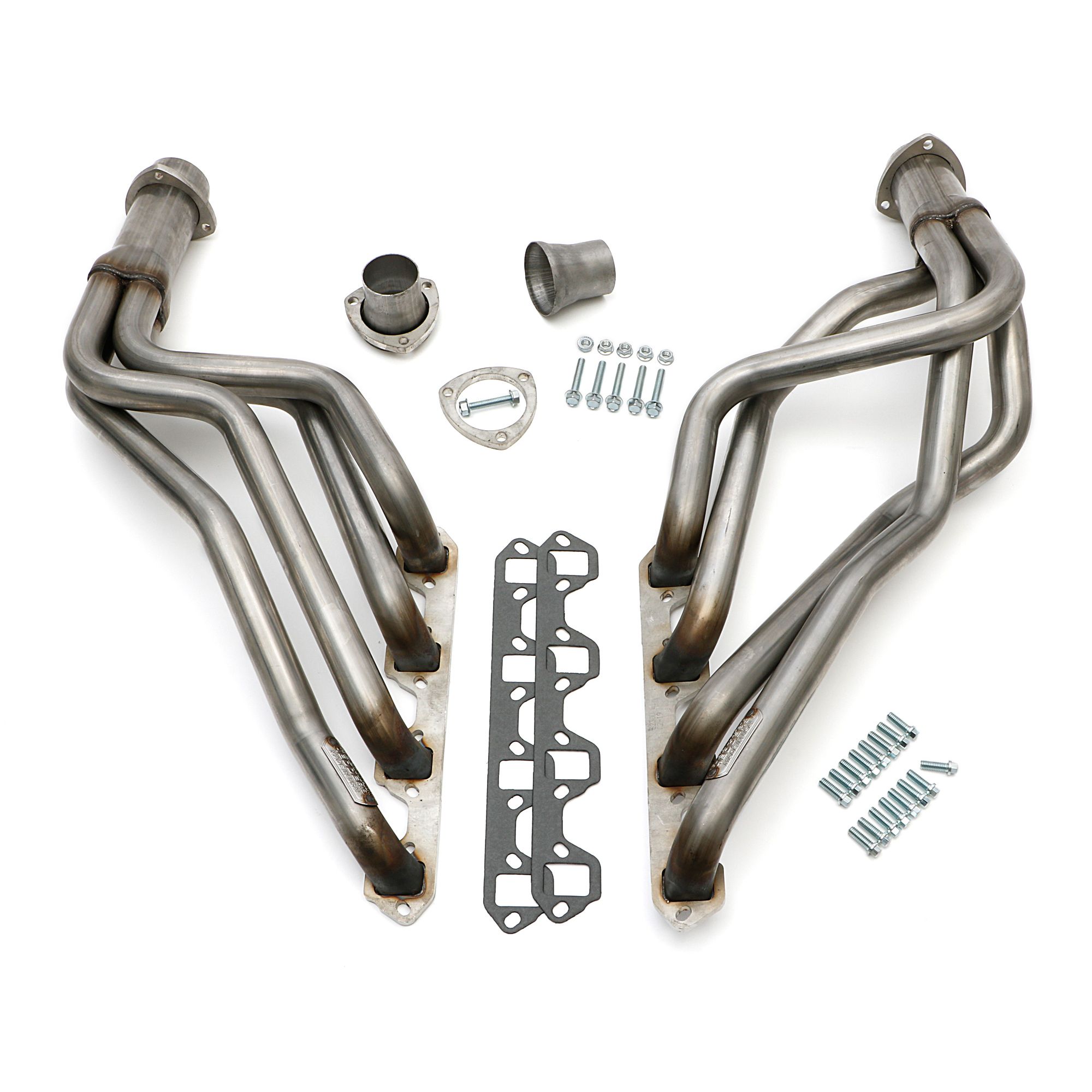 HEDMAN HEDDERS 1964-73 MUSTANG 260-302 (factory 351W); 1966-73 FALCON, COUGAR, MAVERICK, RANCHERO, COMET, FAIRLANE, MONTEGO, TORINO; 260-302W; 1-5/8 in. LONG TUBE DESIGN; 3 in. BALL COLLECTOR- T304 STAINLESS STEEL