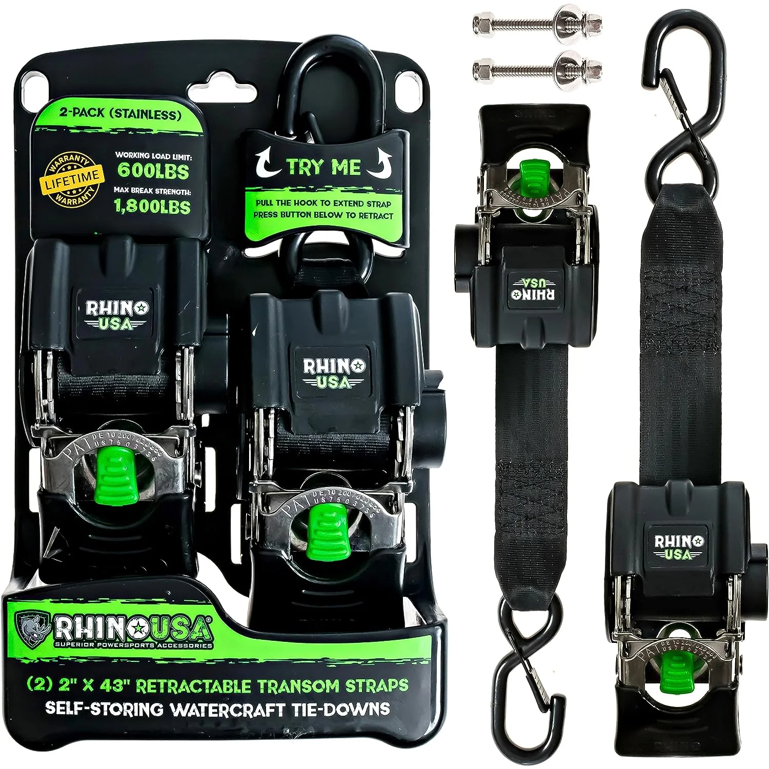 RHINO USA RETRACTABLE TRANSOM STRAPS (2 PACK-STAINLESS)