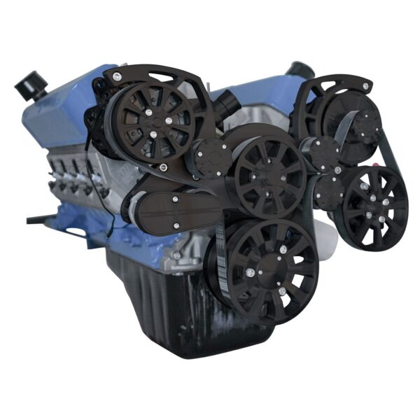 Ford 351 Cleveland Evolution Serpentine System w/ AC, PS & ALT. Black Powder