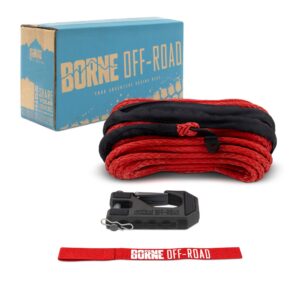 Borne Off-Road Replacement Synthetic Winch Rope, Hook, and Tether strap, Red