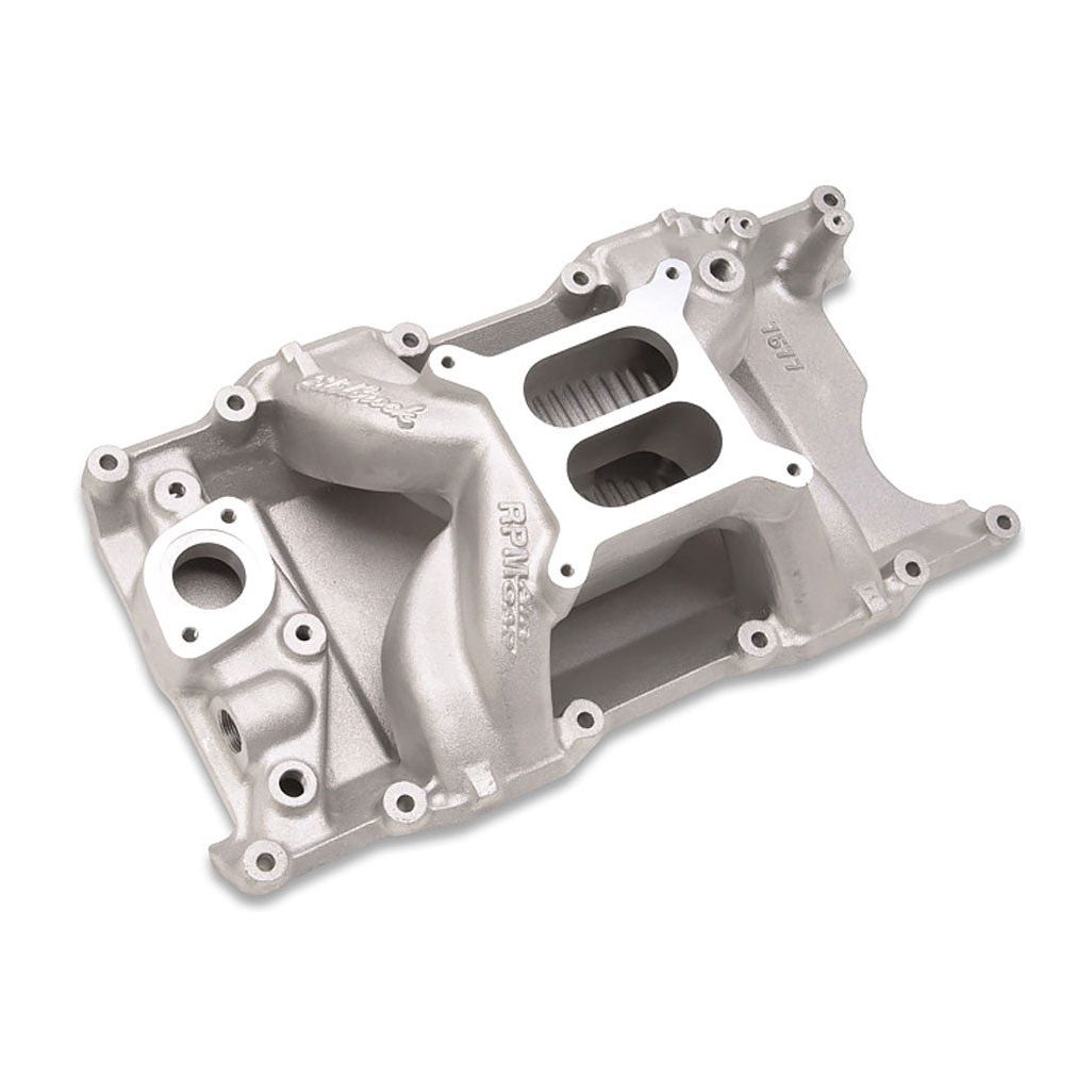 EDELBROCK PERFORMER RPM AIR-GAP SMALL BLOCK MOPAR INTAKE MANIFOLD 7577 - MAGNUM HEADS - DUAL PLANE - NATURAL ALUMINUM
