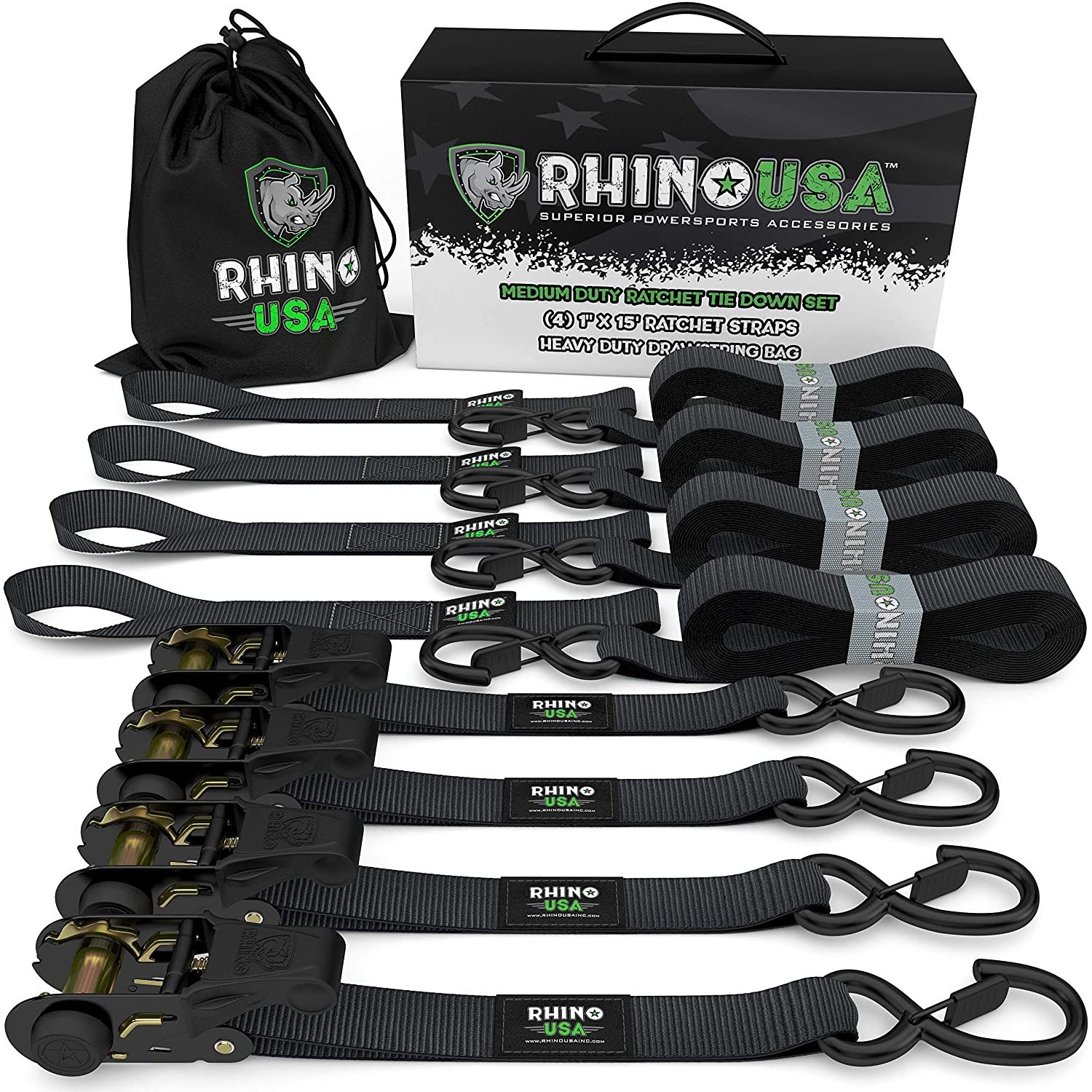 RHINO USA MEDIUM DUTY RATCHET STRAP TIE-DOWN 4-PACK (BLACK)
