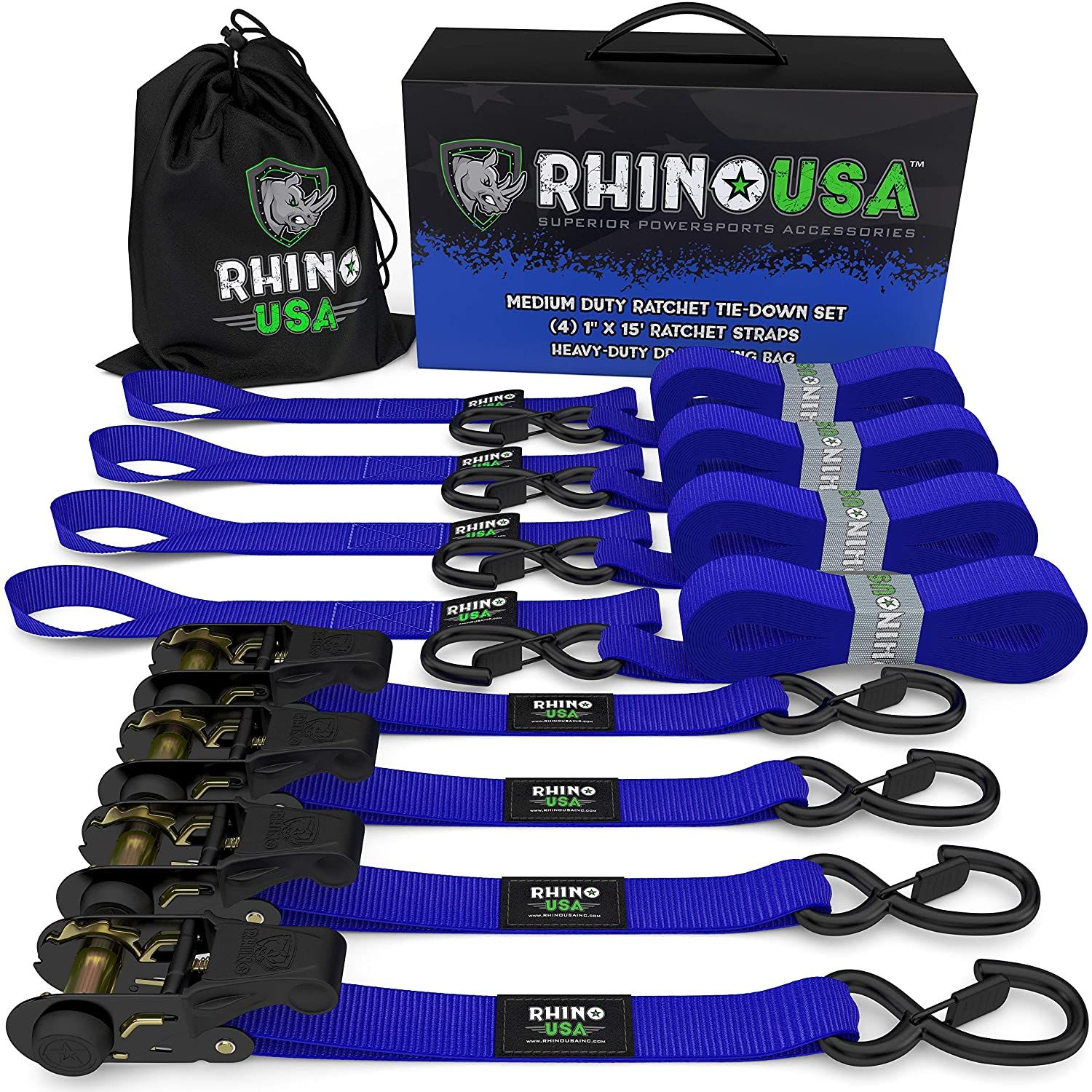 RHINO USA MEDIUM DUTY RATCHET STRAP TIE-DOWN 4-PACK (BLUE)