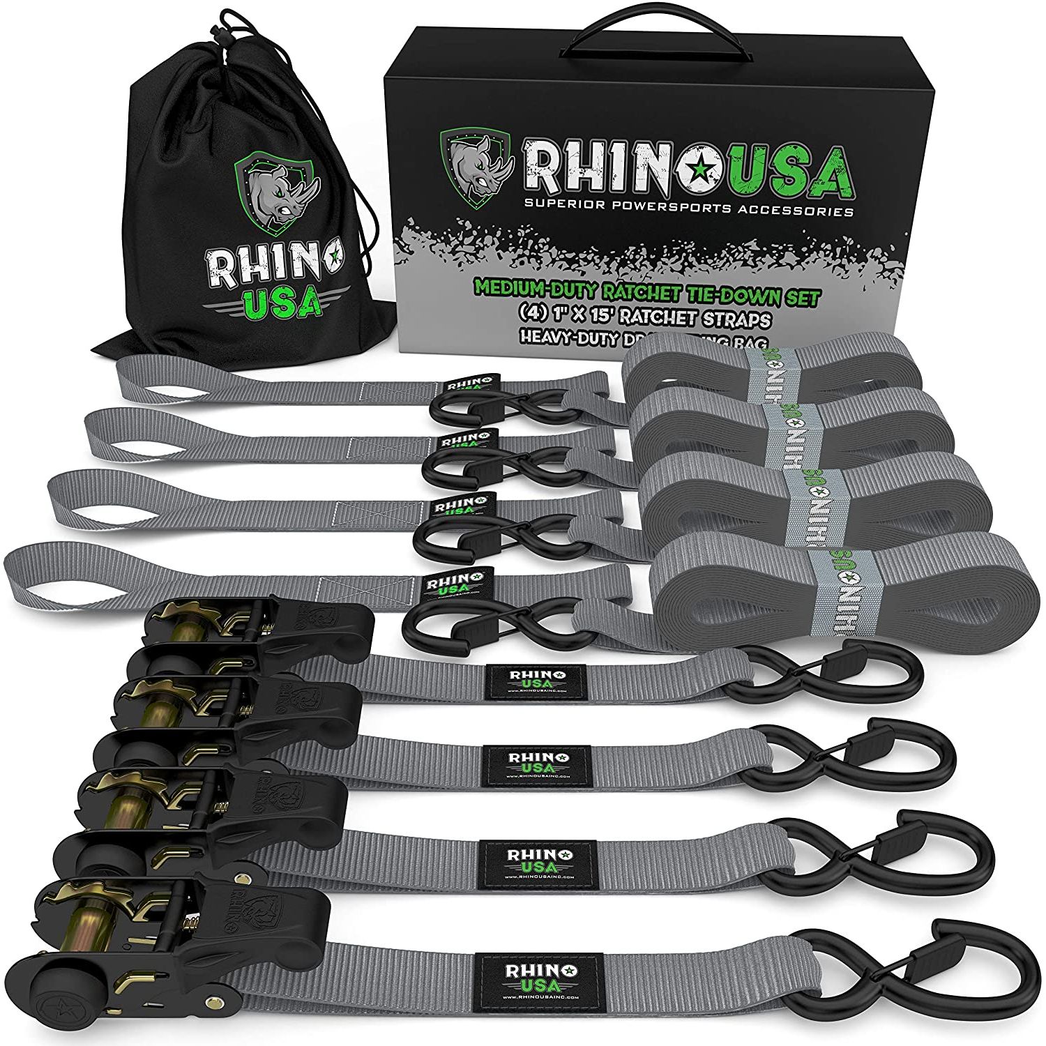 RHINO USA MEDIUM DUTY RATCHET STRAP TIE-DOWN 4-PACK (GRAY)