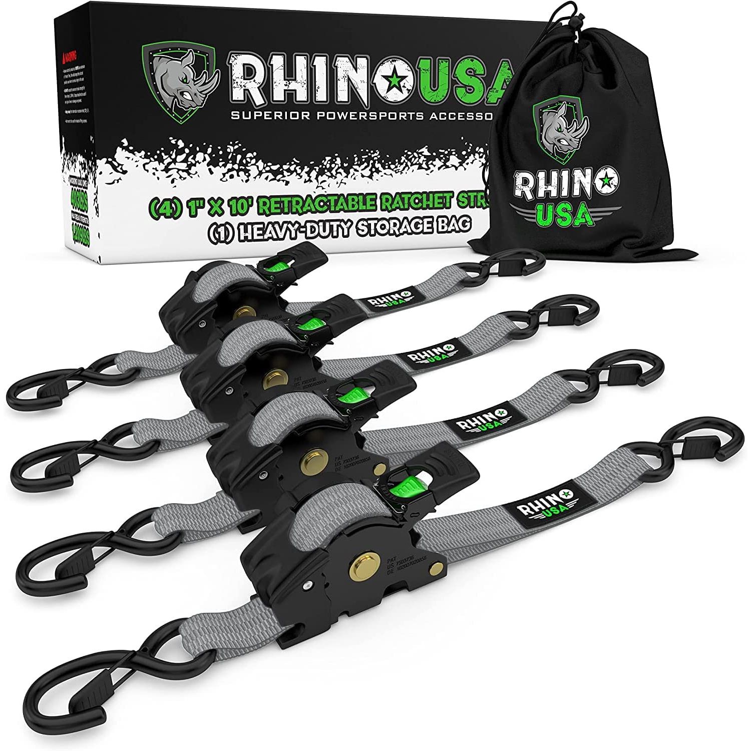 RHINO USA RETRACTABLE RATCHET STRAPS (4PK 1INX10FT) (GRAY)