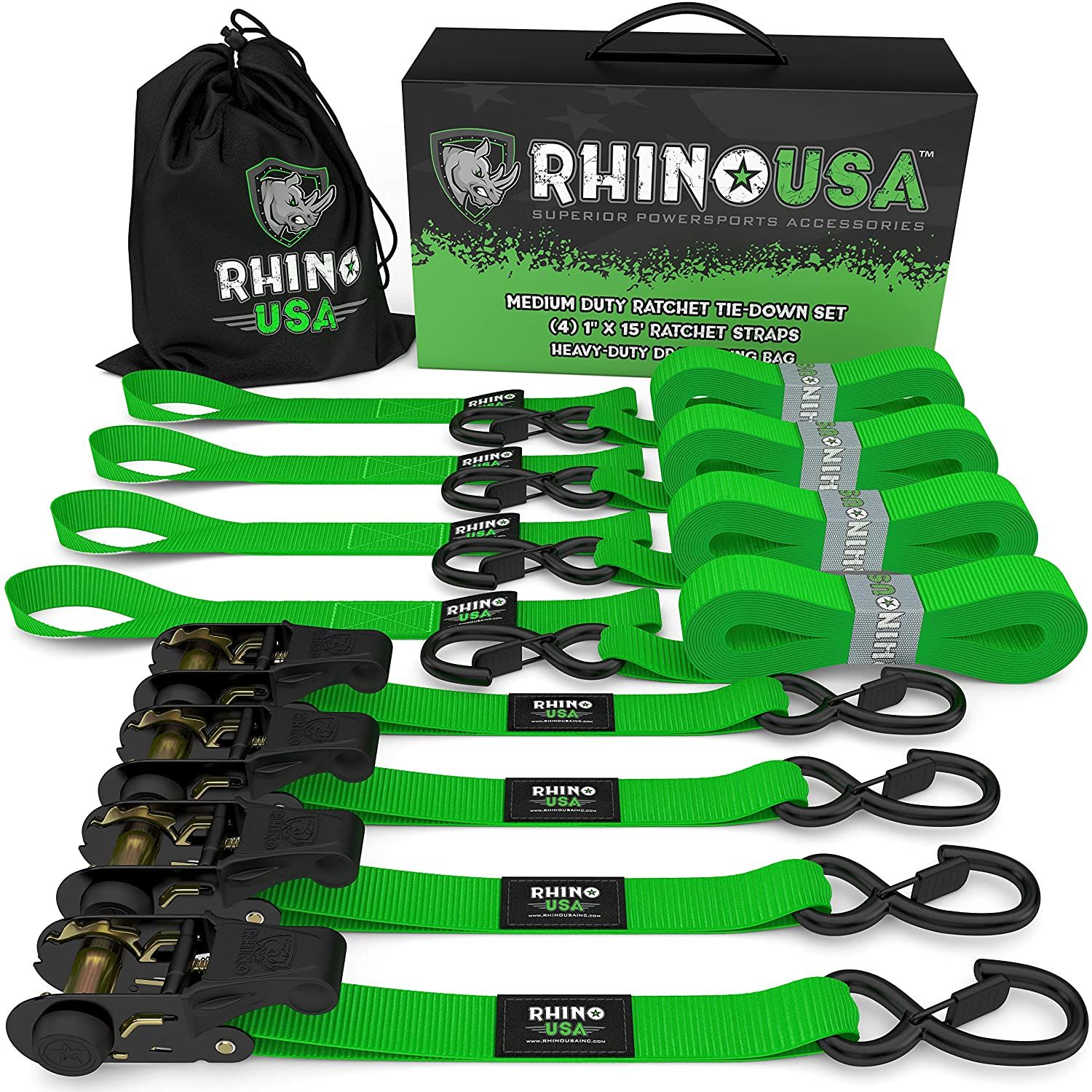 RHINO USA MEDIUM DUTY RATCHET STRAP TIE-DOWN 4-PACK (GREEN)