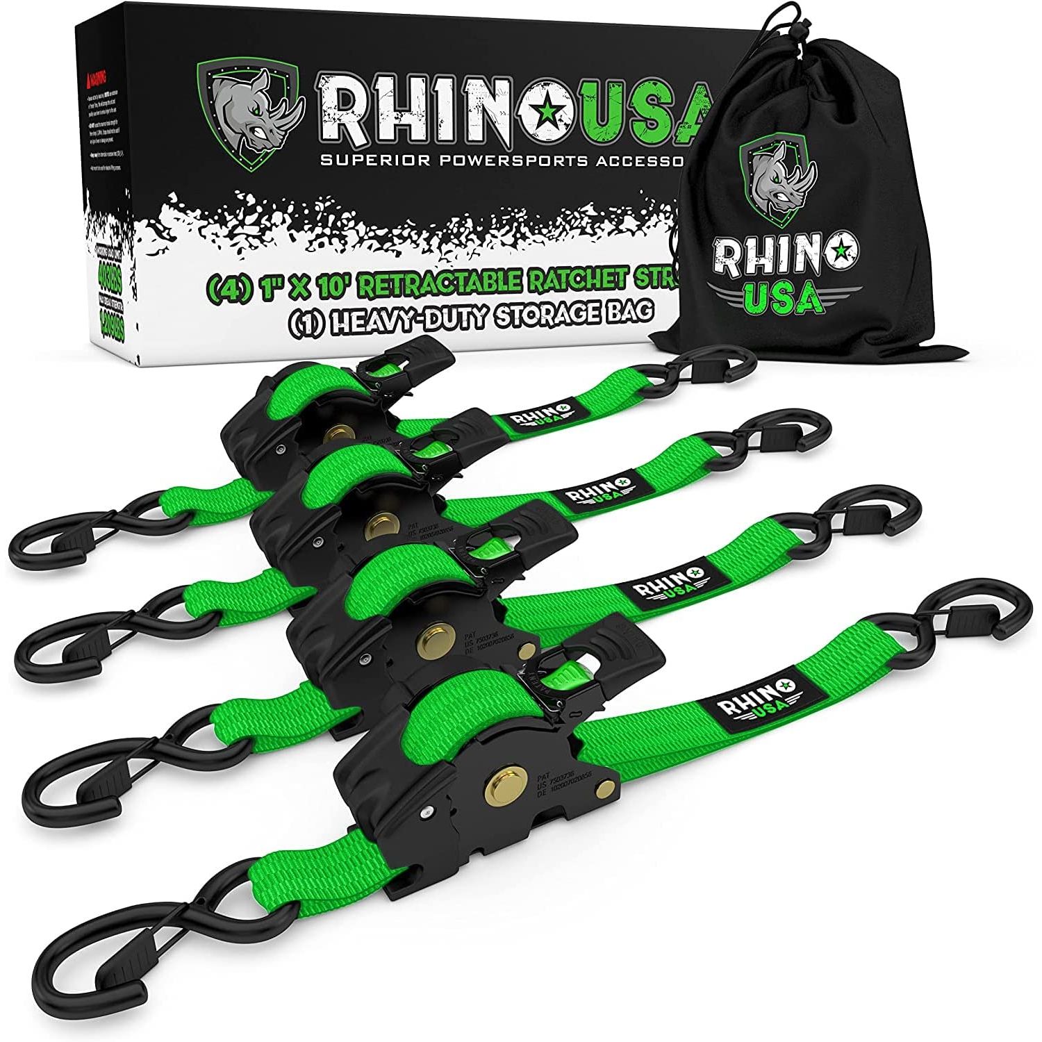 RHINO USA RETRACTABLE RATCHET STRAPS (4PK 1INX10FT) (GREEN)