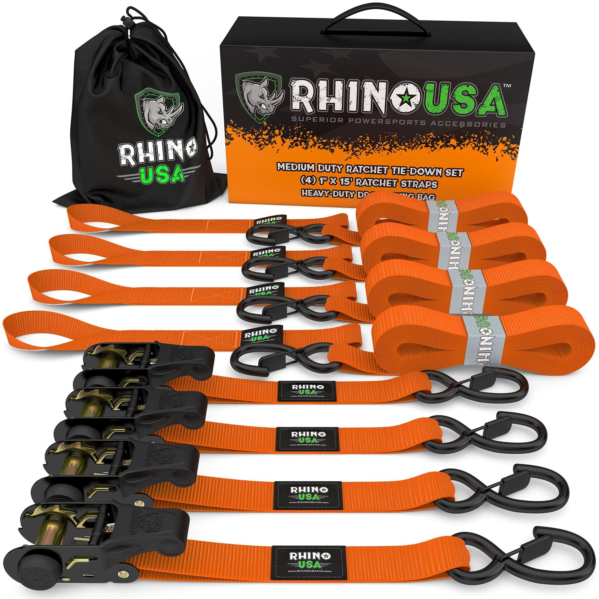 RHINO USA MEDIUM DUTY RATCHET STRAP TIE-DOWN 4-PACK (ORANGE)