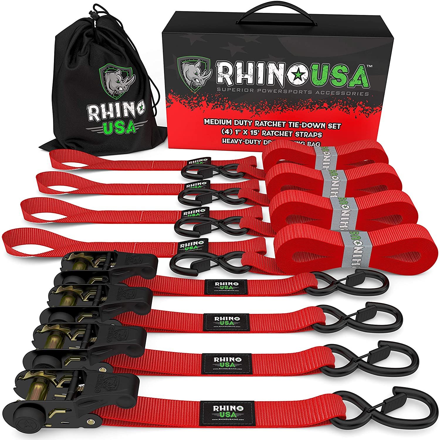 RHINO USA MEDIUM DUTY RATCHET STRAP TIE-DOWN 4-PACK (RED)