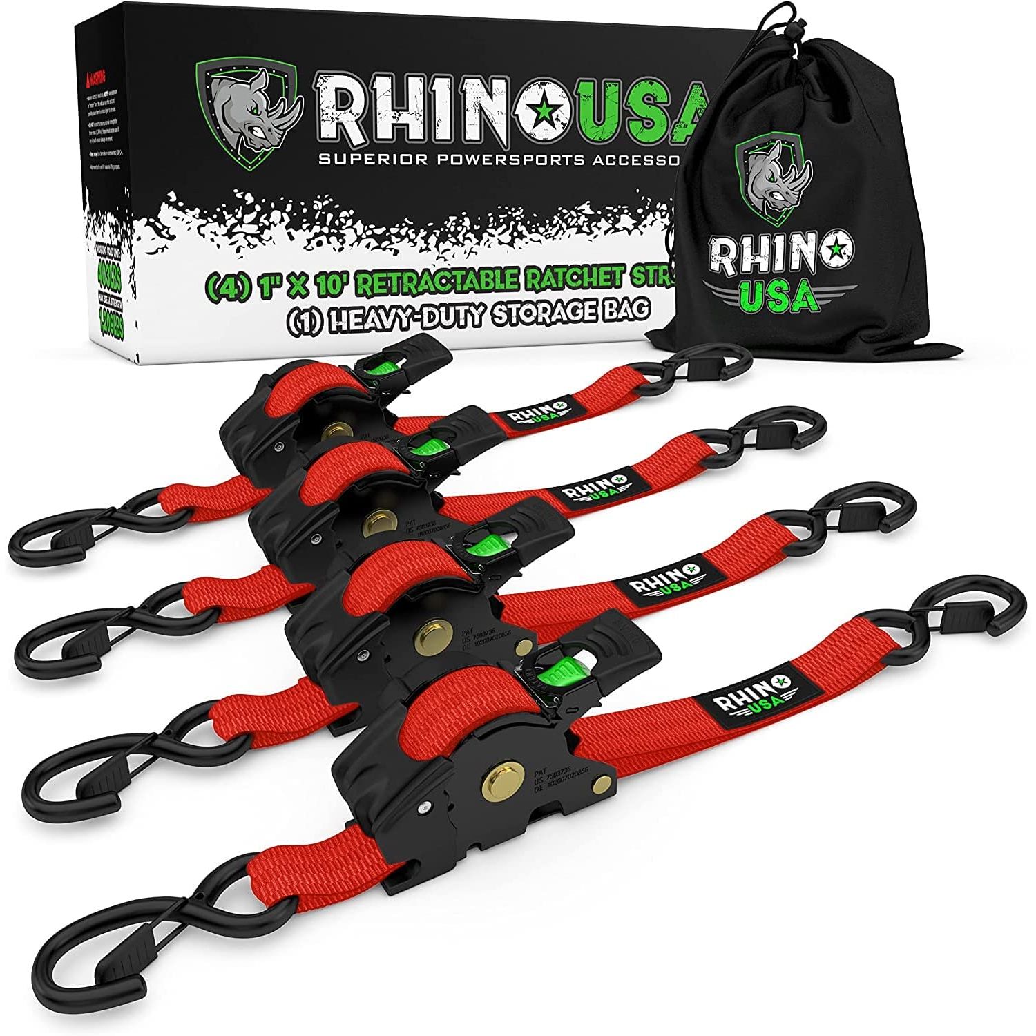 RHINO USA RETRACTABLE RATCHET STRAPS (4PK 1INX10FT) (RED)