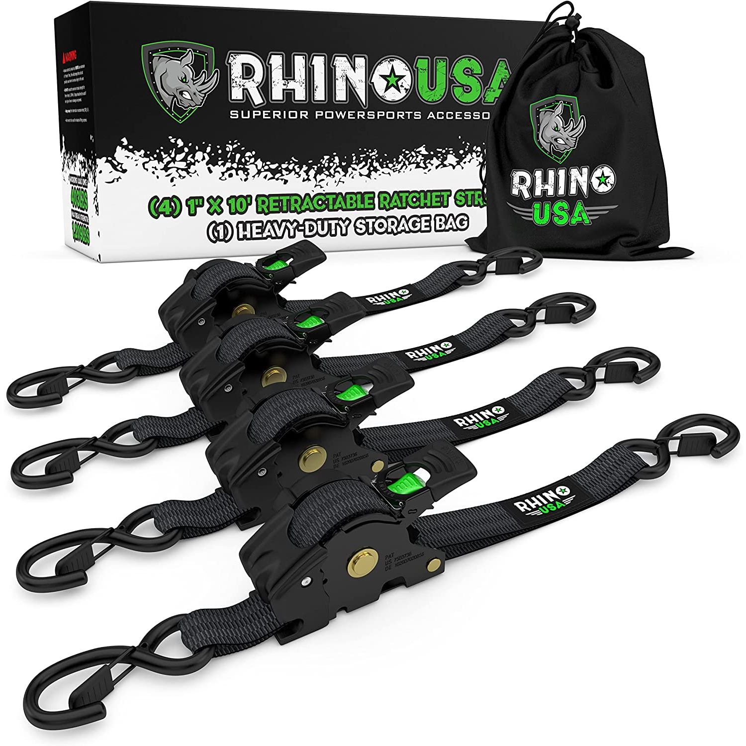 RHINO USA RETRACTABLE RATCHET STRAPS (4PK 1INX10FT) (BLACK)