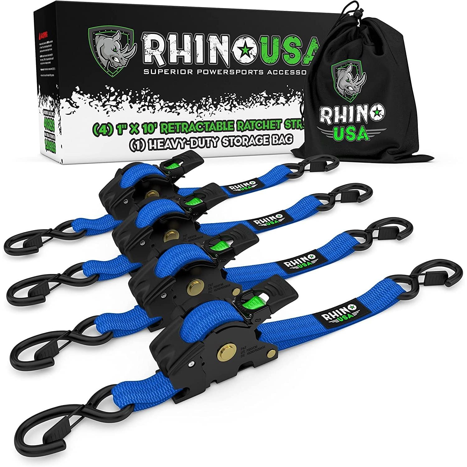 RHINO USA RETRACTABLE RATCHET STRAPS (4PK 1INX10FT) (BLUE)