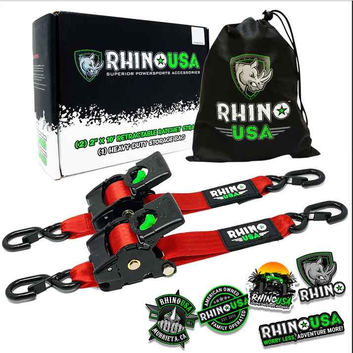 RHINO USA RETRACTABLE RATCHET STRAPS (2PK 2INX10FT) RED