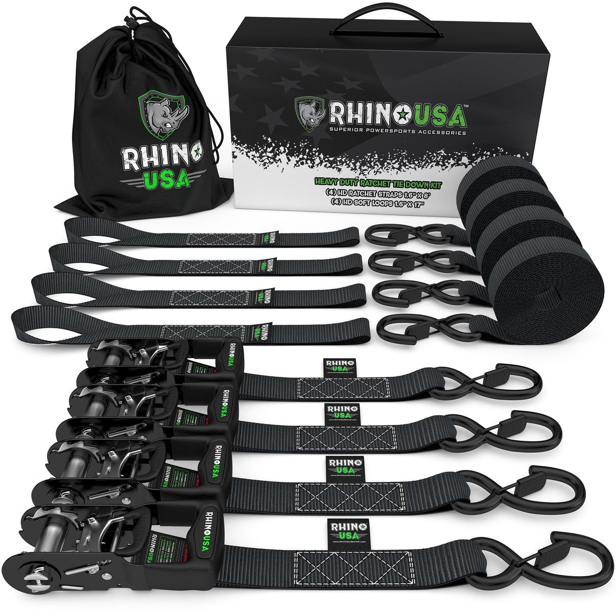 1.6" X 15' RHINO USA HEAVY DUTY RATCHET TIE-DOWN 4-PACK BLACK