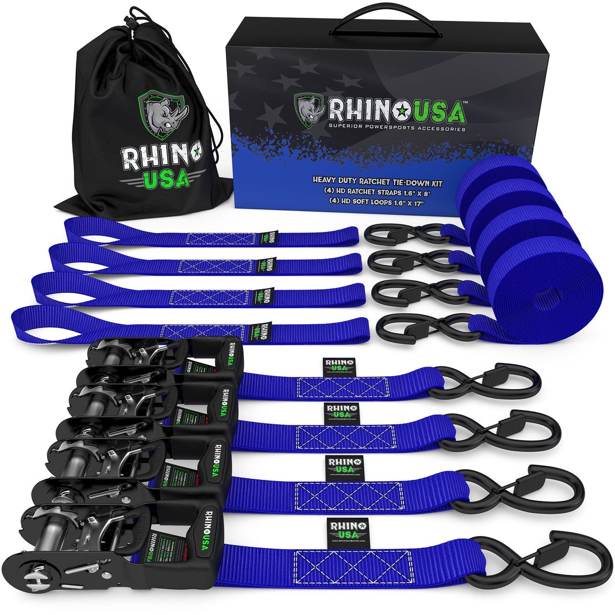 1.6" X 8' RHINO USA HEAVY DUTY RATCHET TIE-DOWN 4-PACK (BLUE)