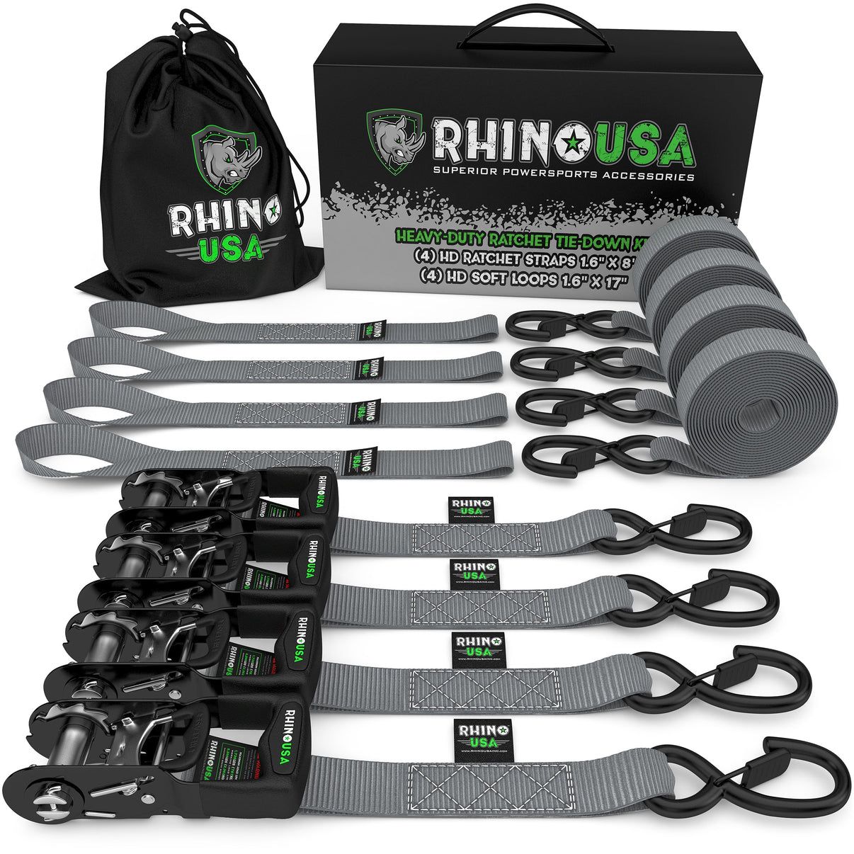 1.6" X 8' RHINO USA HEAVY DUTY RATCHET TIE-DOWN 4-PACK (GRAY)
