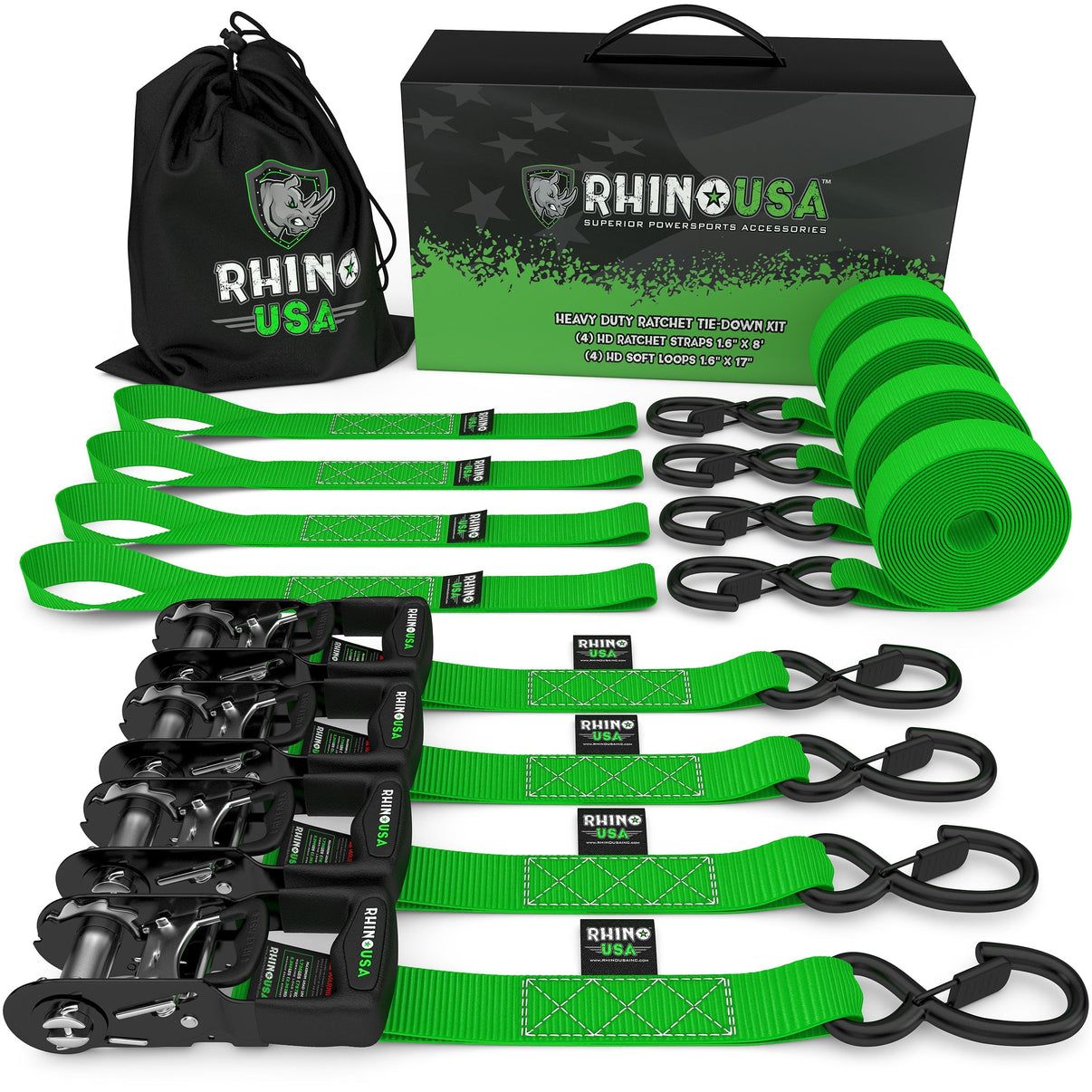 1.6" X 15' RHINO USA HEAVY DUTY RATCHET TIE-DOWN 4-PACK GREEN