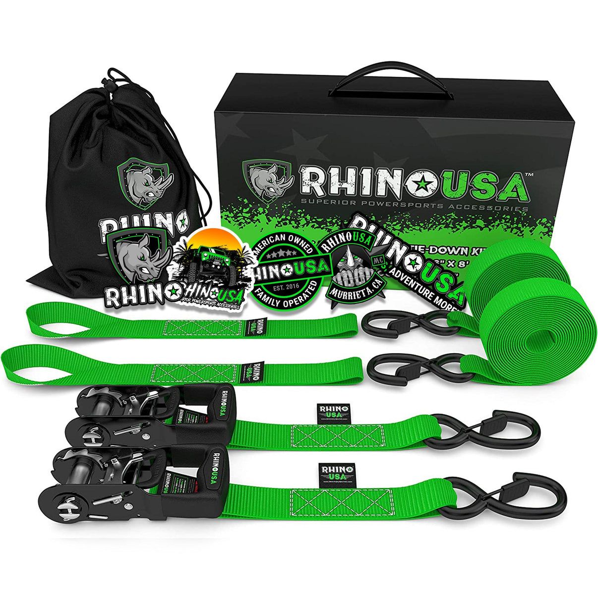1.6" X 8' RHINO USA HEAVY DUTY RATCHET TIE-DOWNS 2-PACK (GREEN)