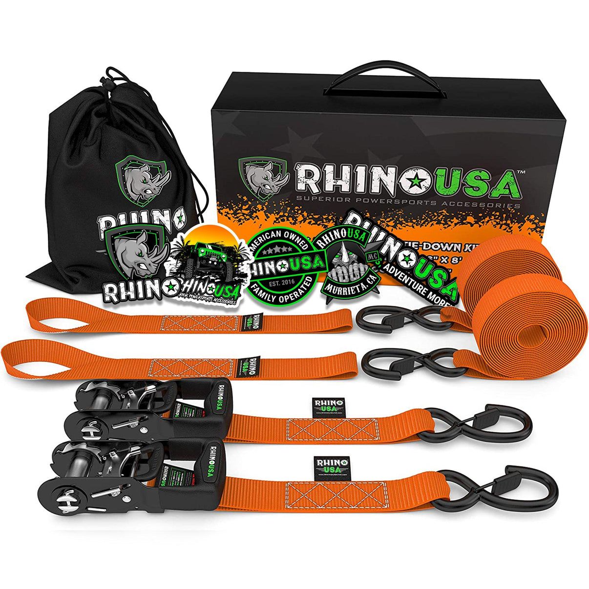 1.6" X 8' RHINO USA HEAVY DUTY RATCHET TIE-DOWNS 2-PACK (ORANGE)