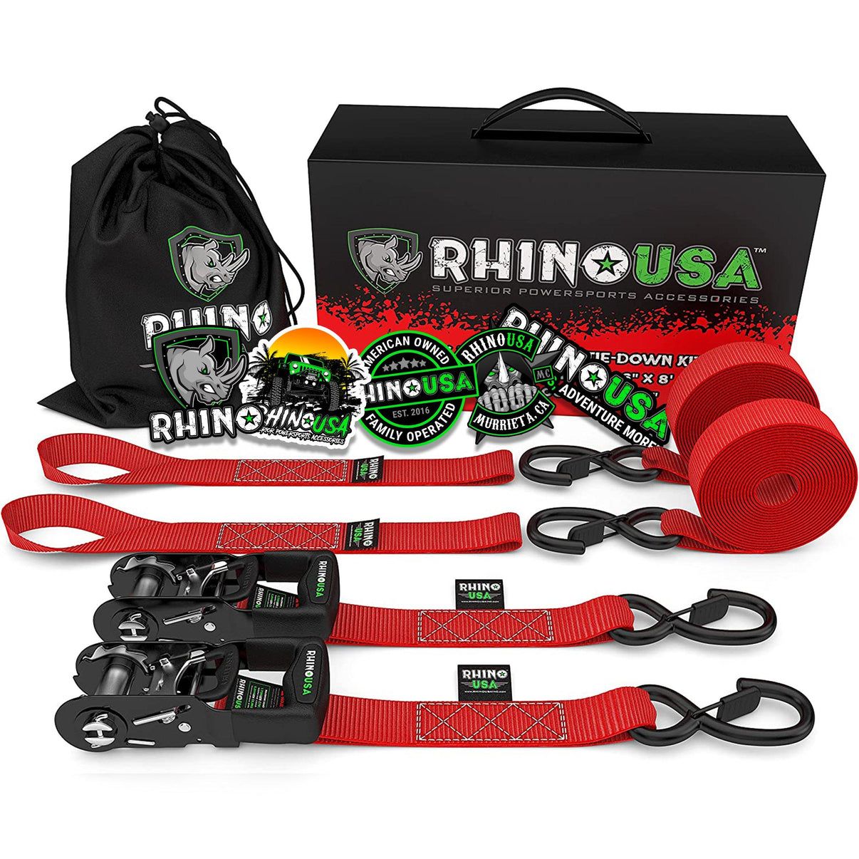 1.6" X 8' RHINO USA HEAVY DUTY RATCHET TIE-DOWNS 2-PACK (RED)