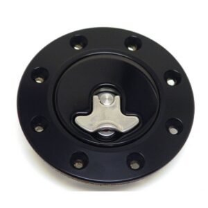 Billet aluminum gas cap for 1962-1967 Nova, locking, anodized Black.