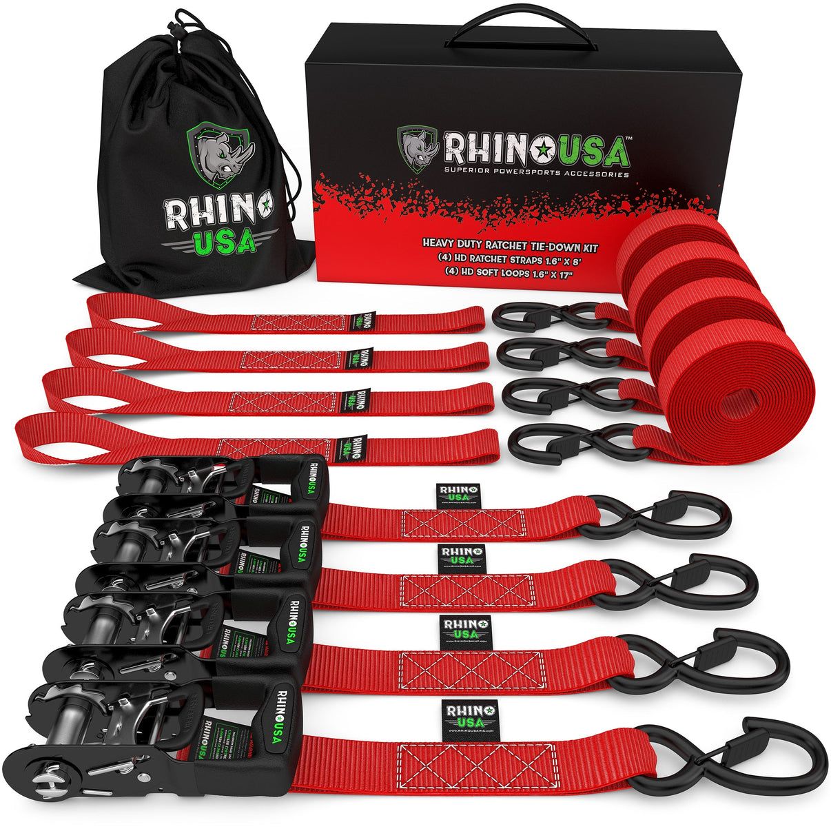 1.6" X 15' RHINO USA HEAVY DUTY RATCHET TIE-DOWN 4-PACK RED